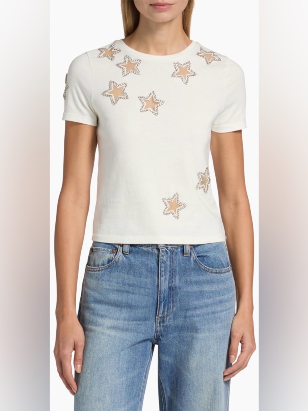 Alice + Olivia Cindy Crystal Star T-Shirt in Off-white